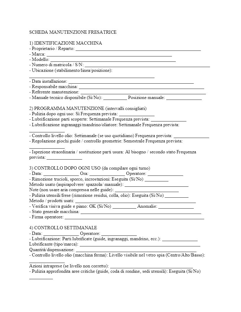 scheda manutenzione fresatrice scheda manutenzione fresatrice