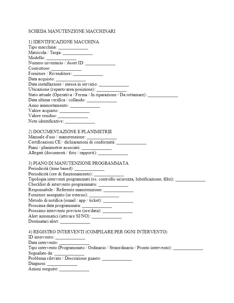 scheda manutenzione macchinari scheda manutenzione macchinari