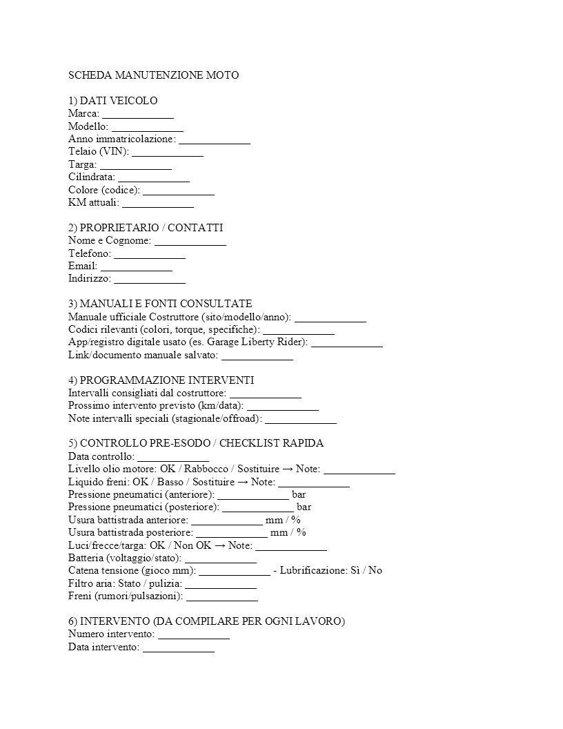 scheda manutenzione moto