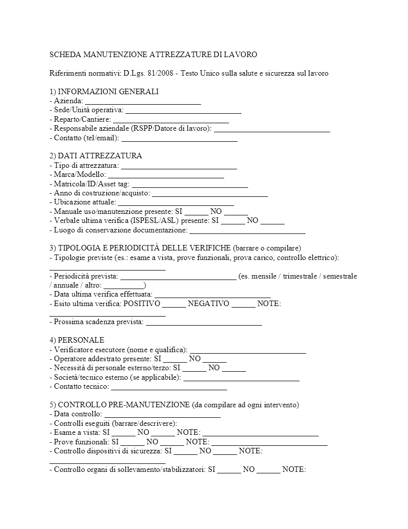 scheda manutenzione attrezzature di lavoro​