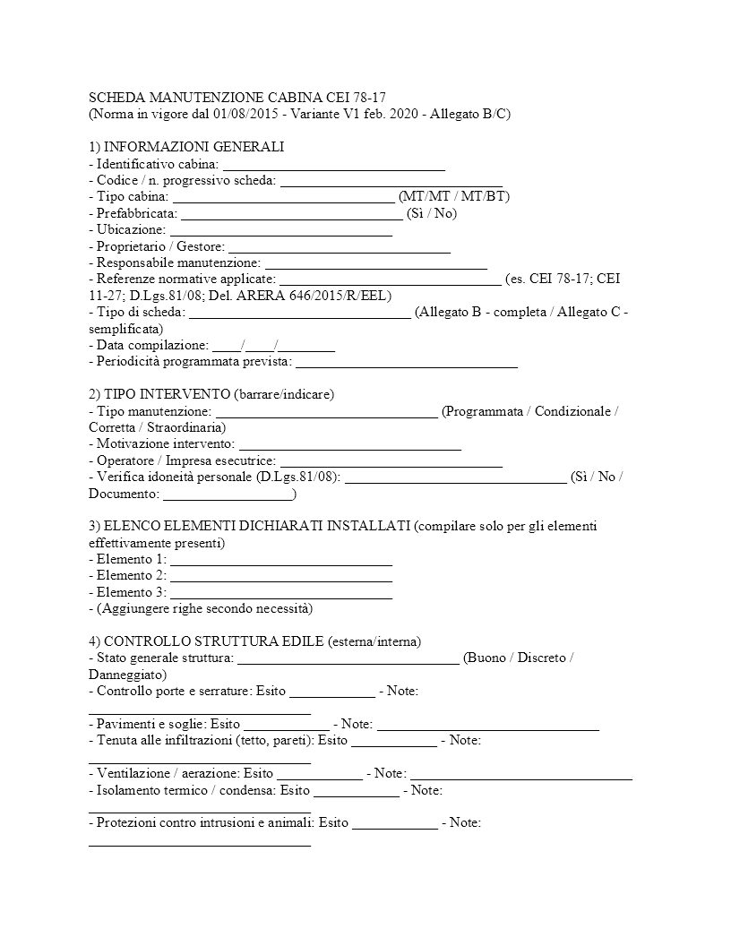 scheda manutenzione cabina CEI 78-17​