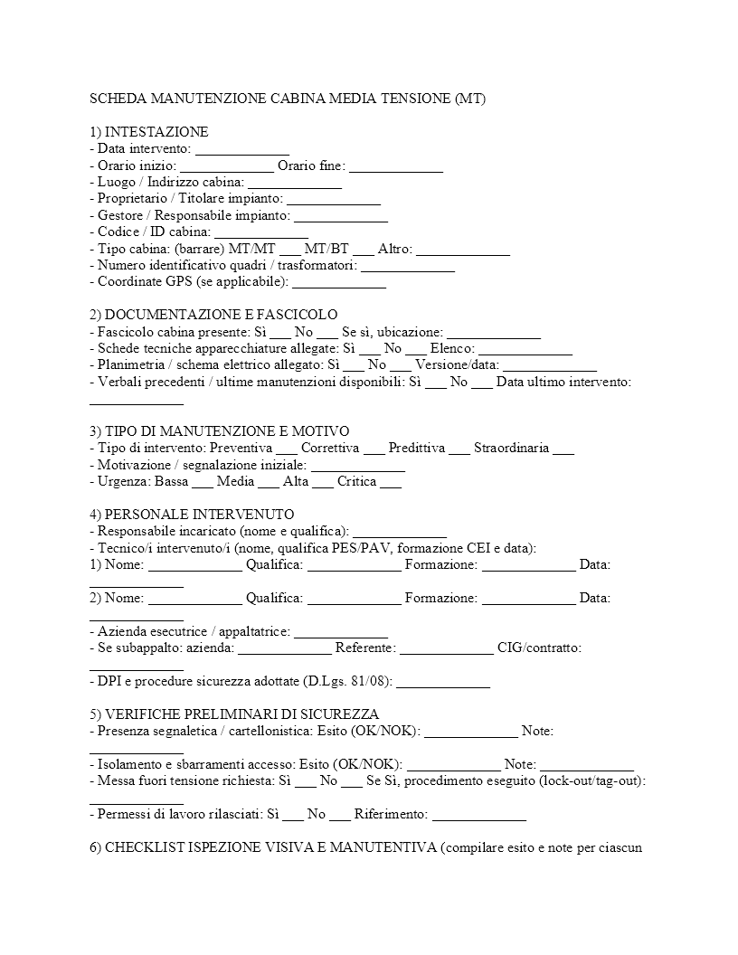 scheda manutenzione cabine media tensione scheda manutenzione cabine media tensione