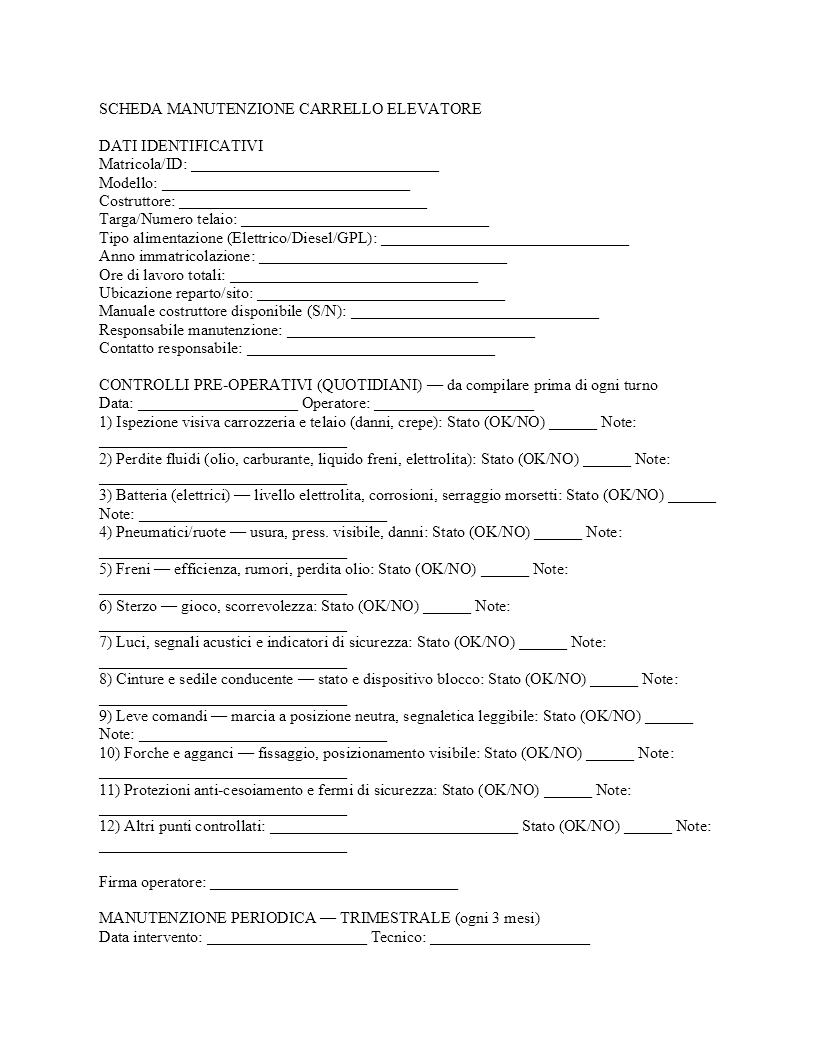 scheda manutenzione carrello elevatore scheda manutenzione carrello elevatore