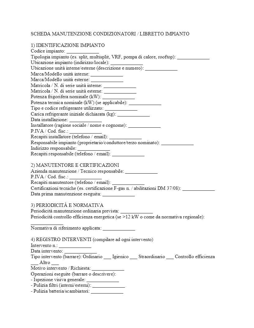 scheda manutenzione condizionatori scheda manutenzione condizionatori