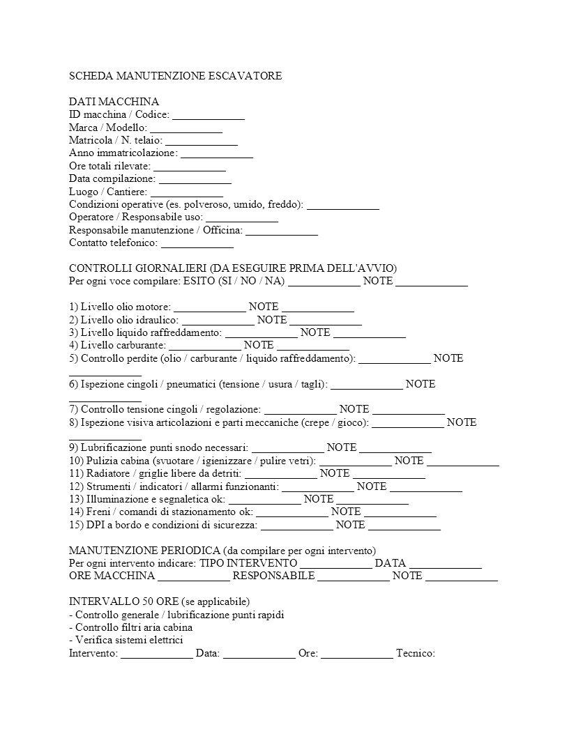 scheda manutenzione escavatore​