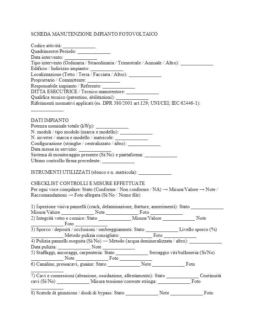 scheda manutenzione impianto fotovoltaico​