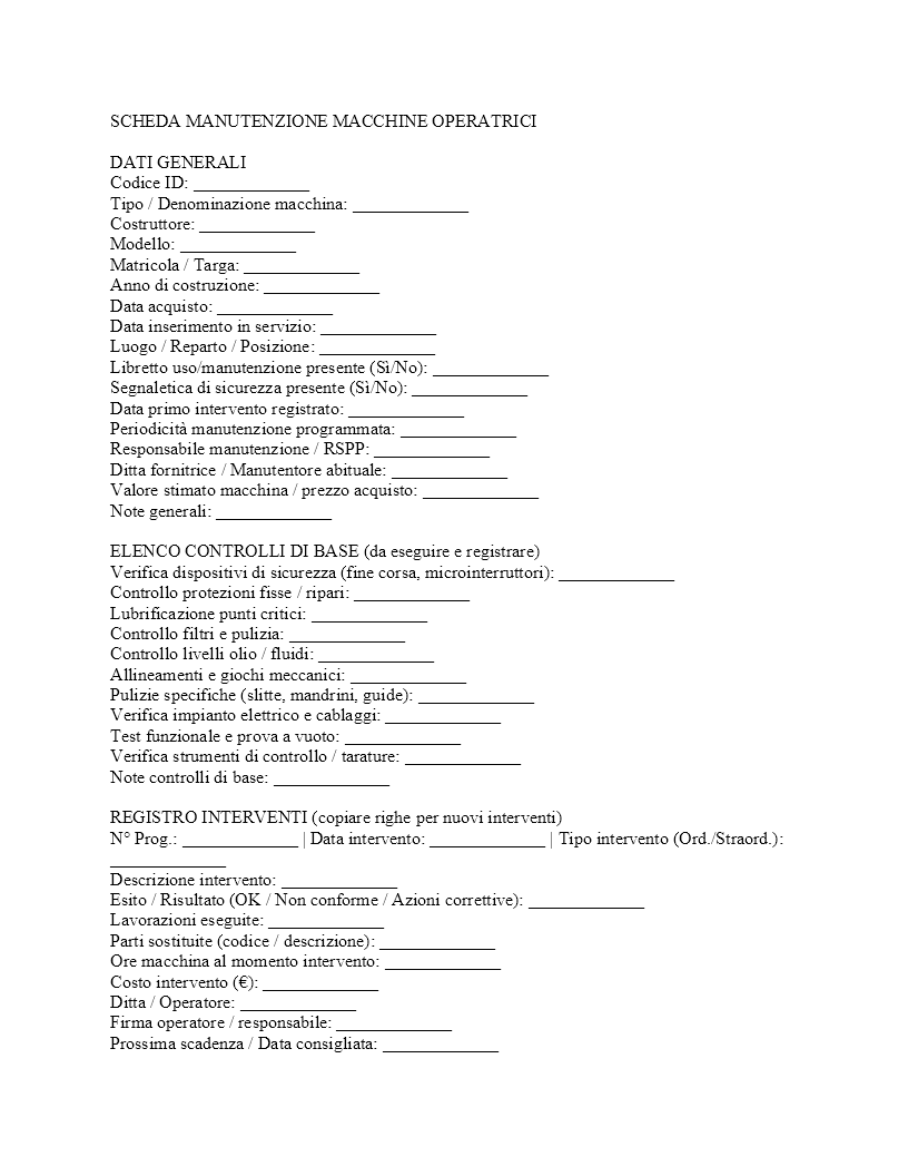 scheda manutenzione macchine operatrici scheda manutenzione macchine operatrici