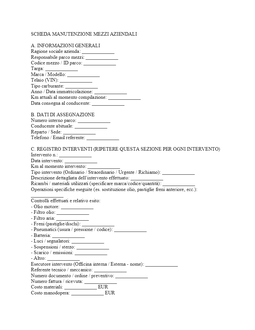 scheda manutenzione mezzi aziendali scheda manutenzione mezzi aziendali