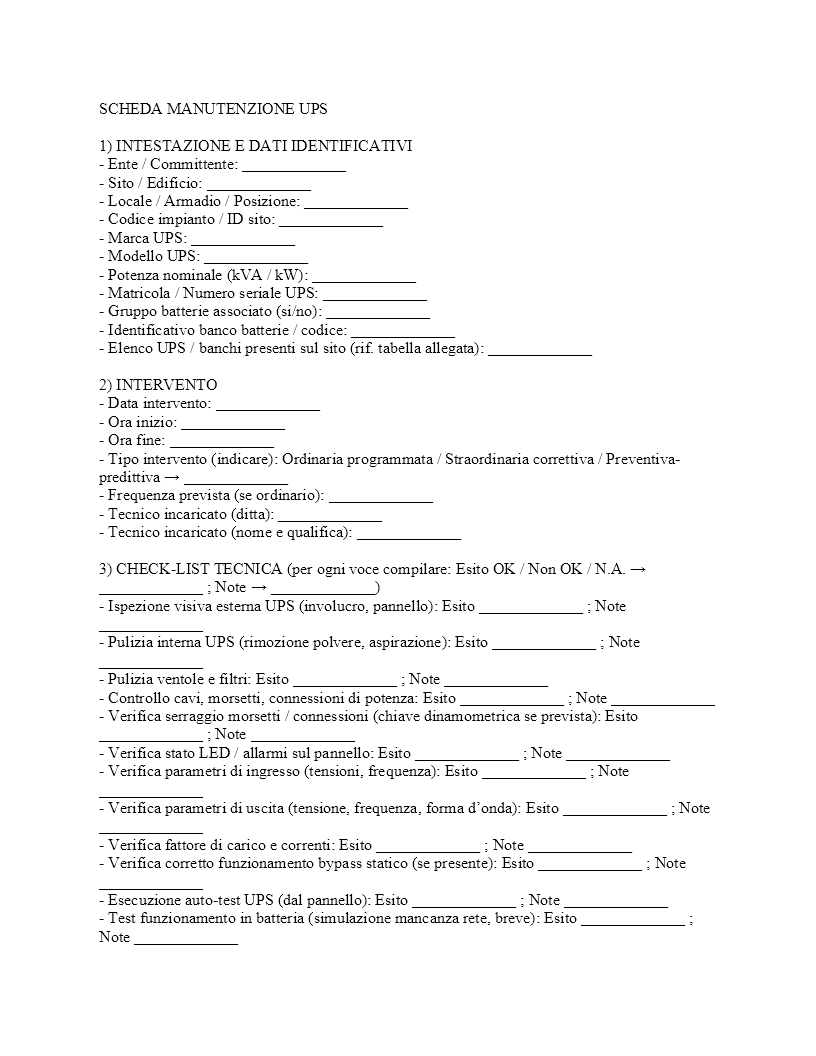 scheda manutenzione UPS scheda manutenzione UPS