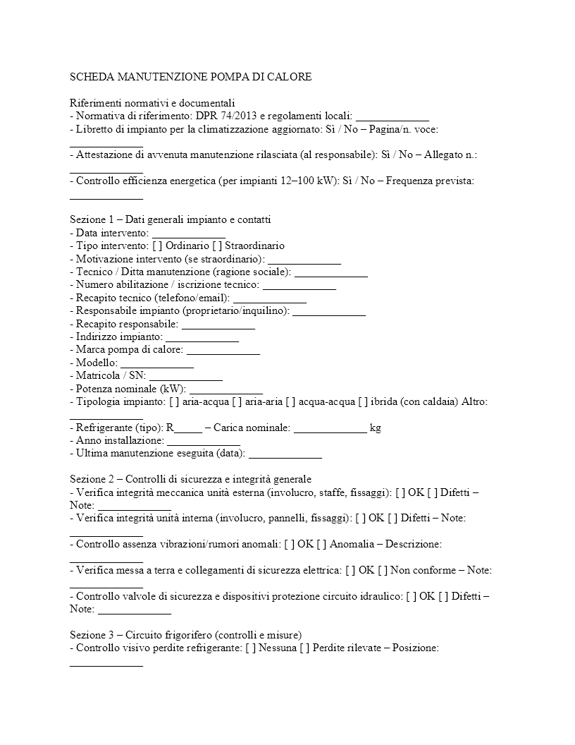 scheda manutenzione pompa di calore scheda manutenzione pompa di calore