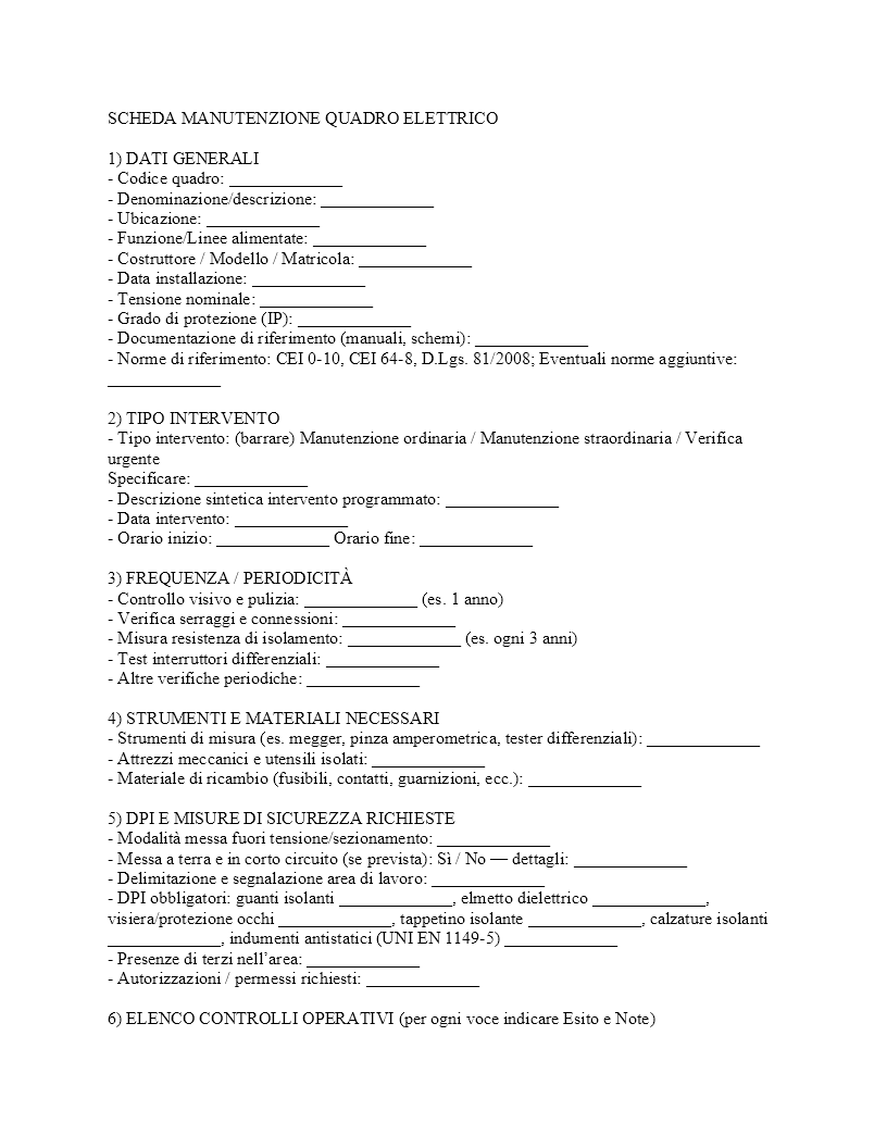 scheda manutenzione quadri elettrici scheda manutenzione quadri elettrici
