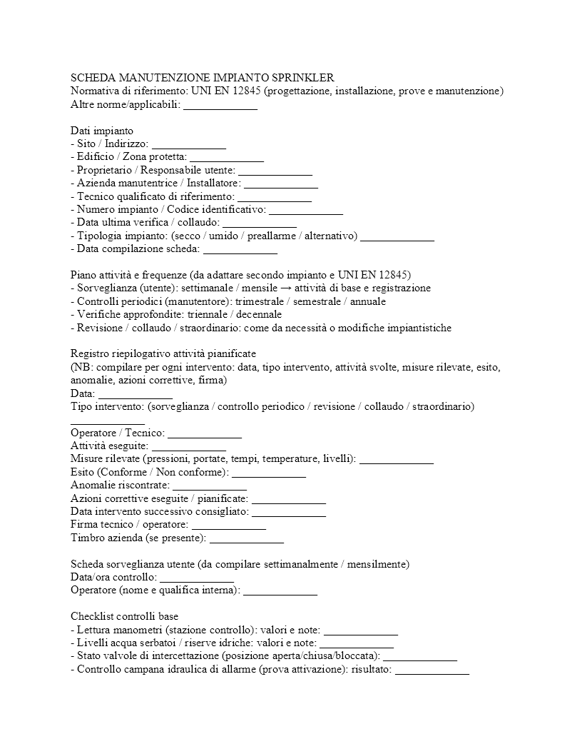 scheda manutenzione impianto sprinkler​