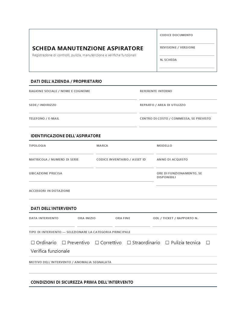 scheda manutenzione aspiratore scheda manutenzione aspiratore