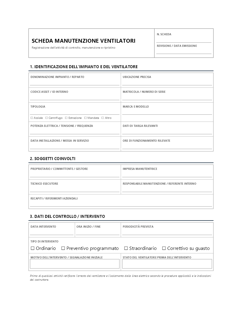 scheda manutenzione ventilatori​