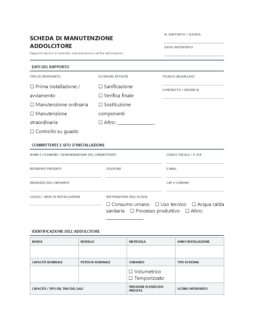scheda manutenzione addolcitore​